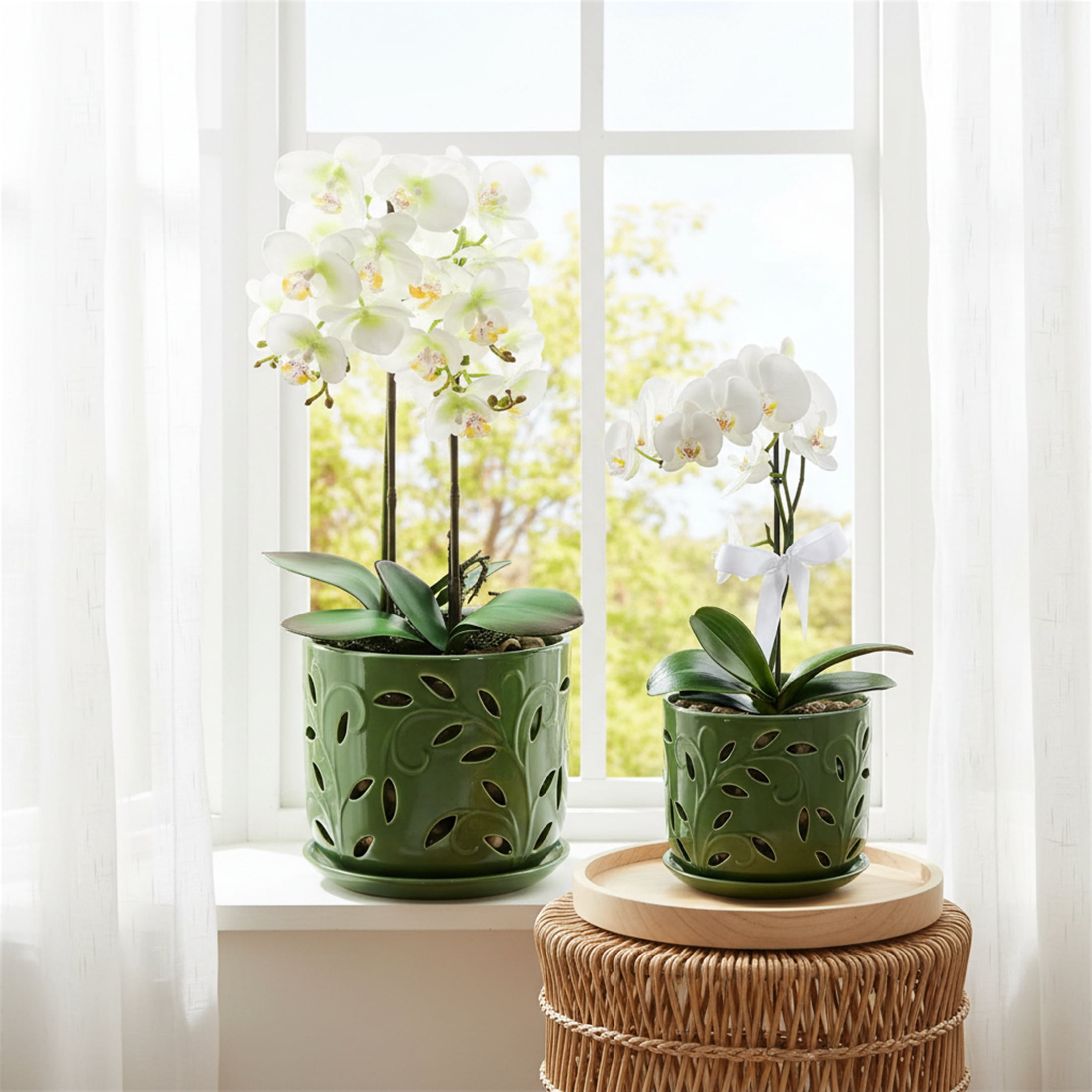 BUYMAX 5" & 6" Ceramic Orchid Pots with Holes and Trays, Leaf Lattice Verdigris Patina, Set of 2