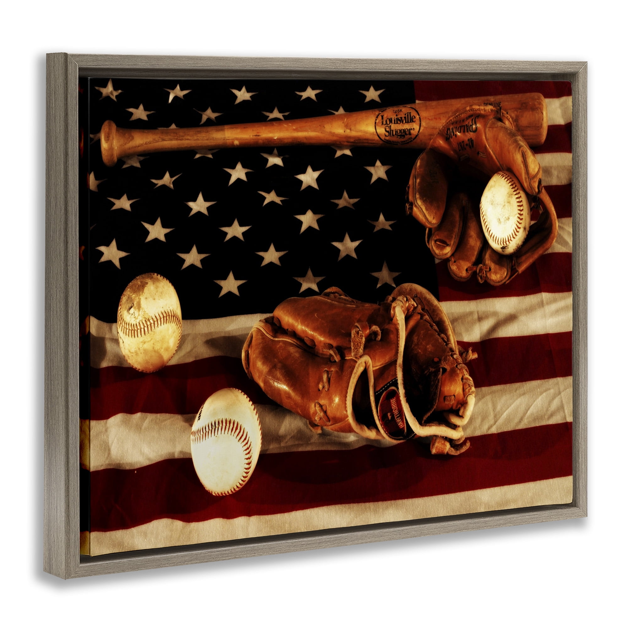 Stupell Industries Vintage American Flag Baseball Photo Sports Photography Brown Floater Framed Canvas Art Print Wall Art, 31 x 25
