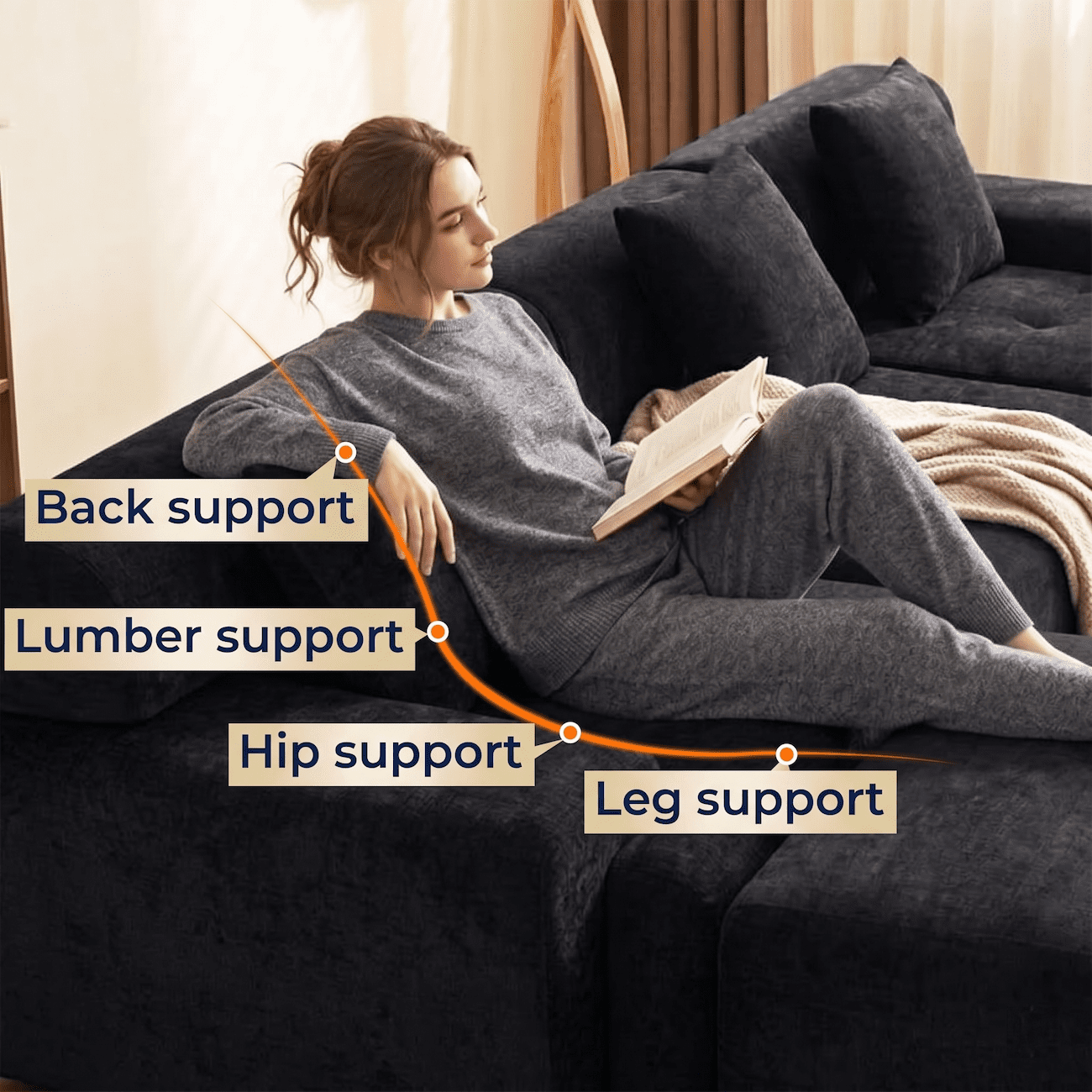 Xiweot Boneless Cloud Couch Sectional Sofa, Oversized Modular Sectional Couch for Living Room, Deep Seat Chenille Sofa with Ottoman, No Assembly Full Foam Comfy Couch for Apartment Bedroom (Black)