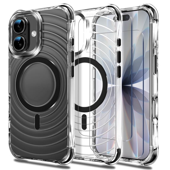 For iPhone 17 Clear Magnetic Case,2x Screen Glass Protector,Ripple Wave Shape Non Slip Design,Drop Protetion Shockproof Cover For iPhone 17 6.3"(Black)