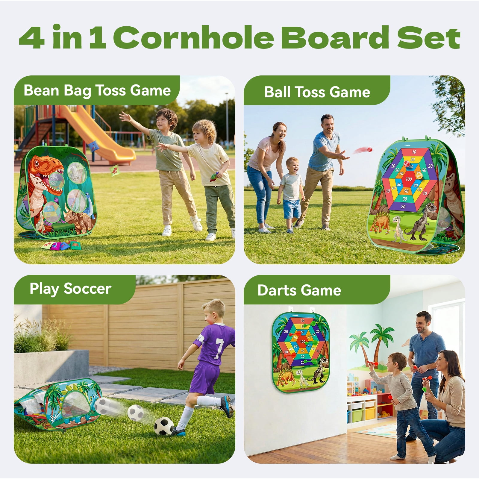 KNMDU 4-in-1 Cornhole Board Set with Bean Bag Toss, Soccer Goal, Safe Darts and Throwing Ball for Kids Ages 3-8