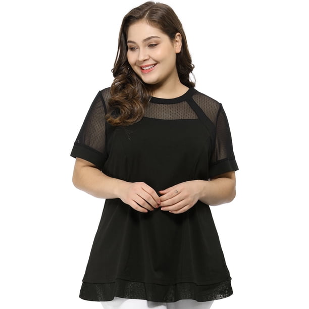 BluTop De Encaje Con Cuello Redondo TalGrande PaMujer Negro 1X