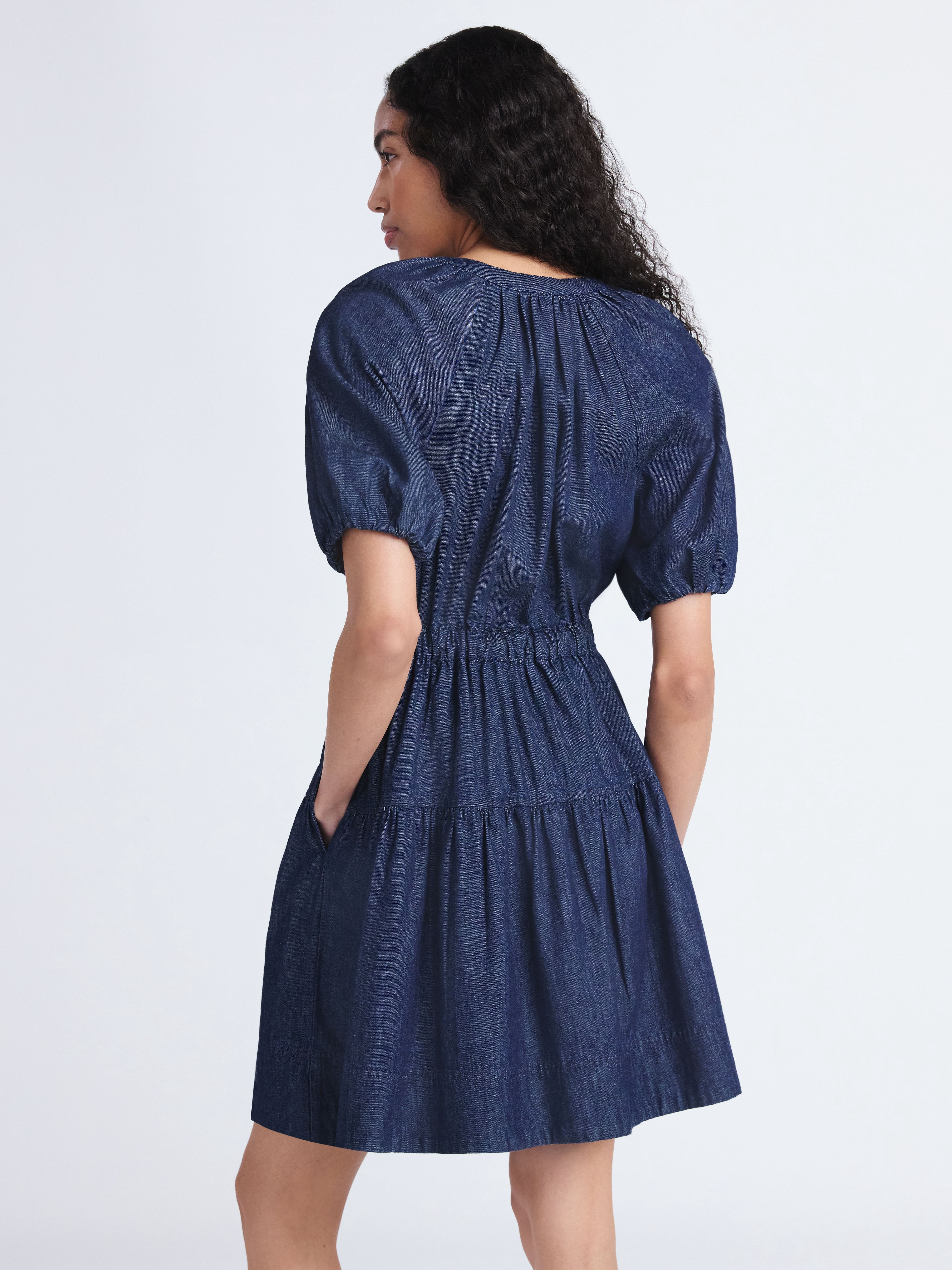 Free Assembly Women's Denim Tiered Mini Dress with Puff Sleeves, Sizes XS-XXL