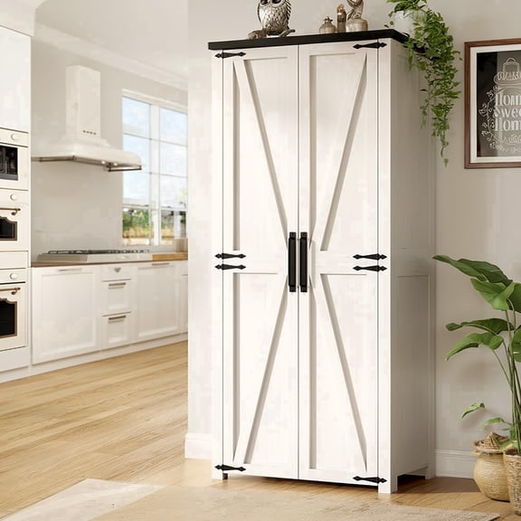 Food Pantry Storage Cabinet with Led Light, 71" Tall Farmhouse Kitchen Pantry Cabinet with Adjustable Shelves