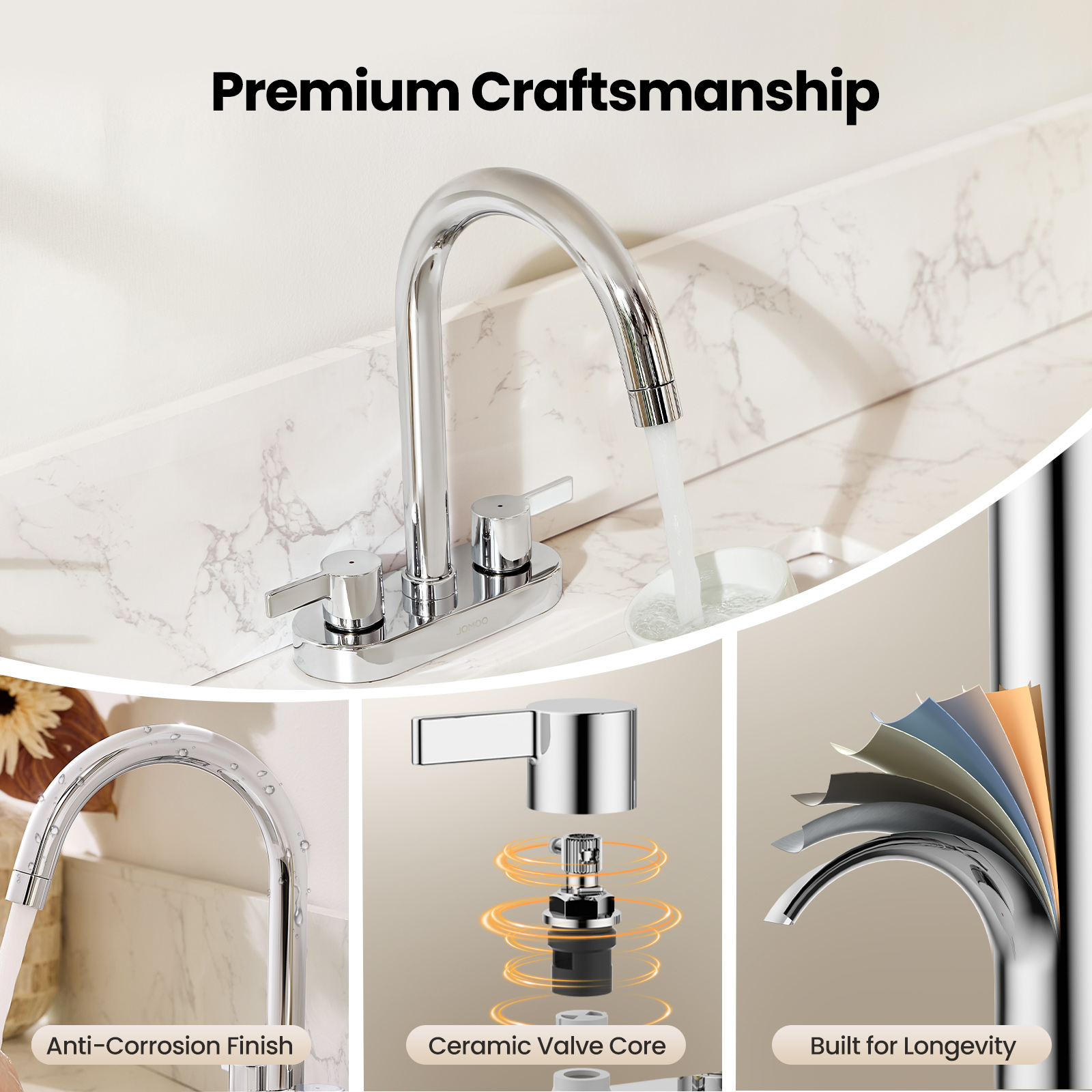 JOMOO 2-Handle Bathroom Sink Faucet, Safe Lead-Free Faucet with Pop-Up Drain Stopper & Supply Hoses, Fits Vanity, Bar Sink, RV