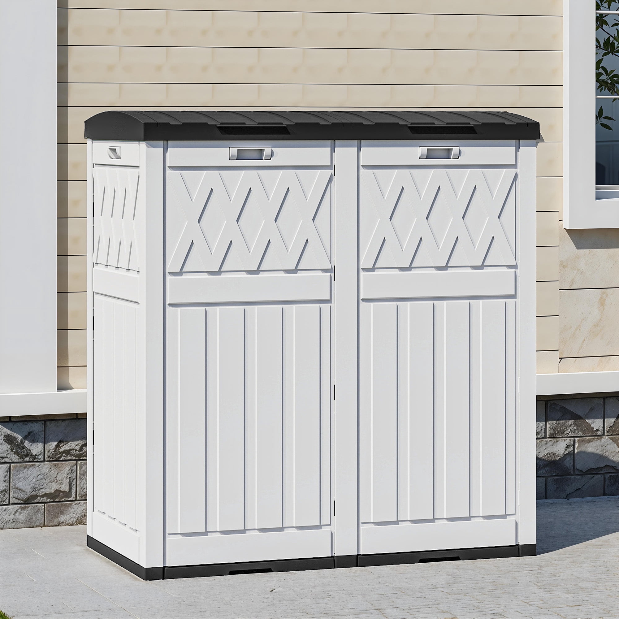 Uforic Double Compartment Outdoor Trash Can, 62 Gallon Waterproof Resin Garbage Bin with Tiered Lid and Drip Tray for Patio Deck Backyard, Black & White