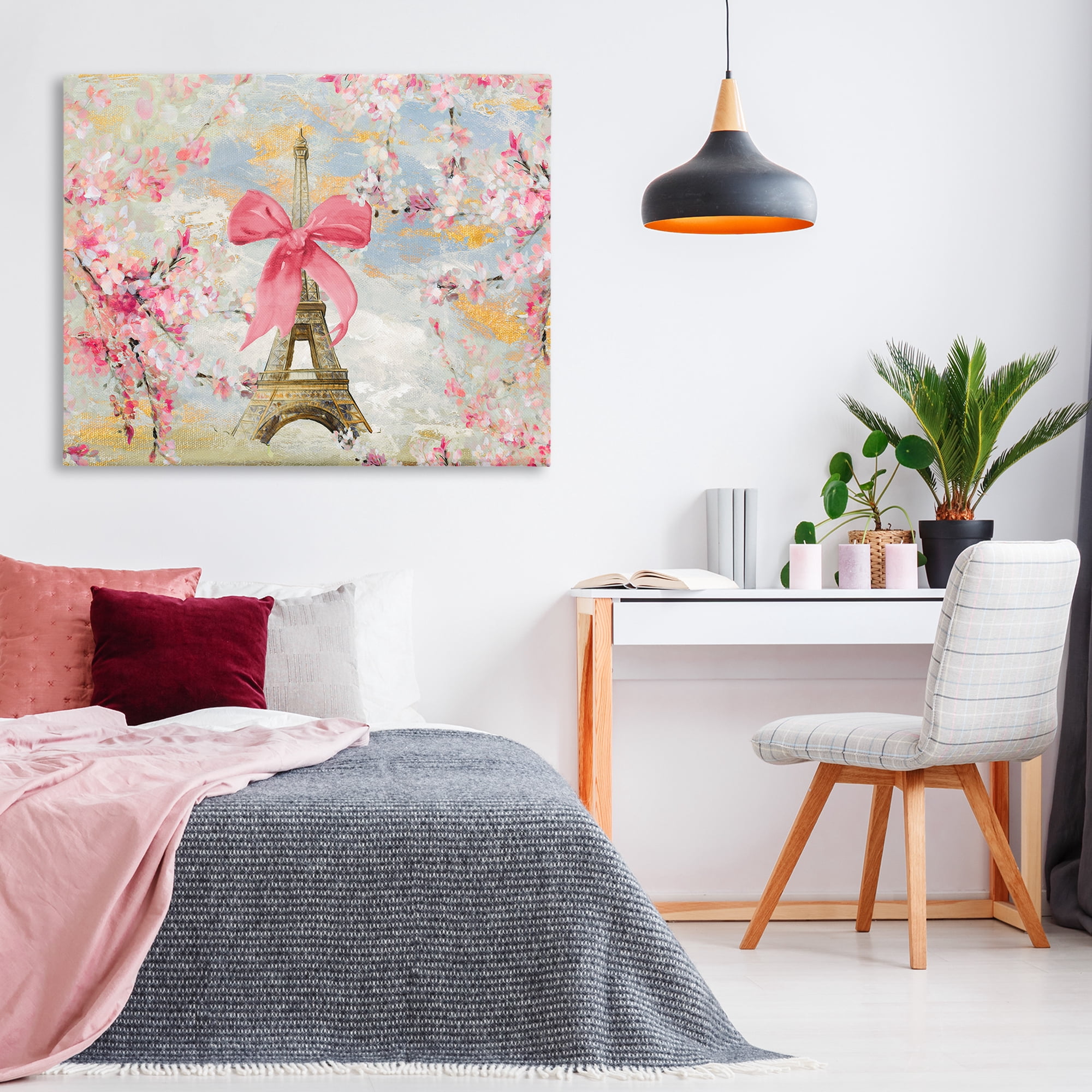 Stupell Industries Eiffel Tower on Cherry Blossoms Fashion Painting Wrapped Canvas Art Print Wall Art, 48 x 36