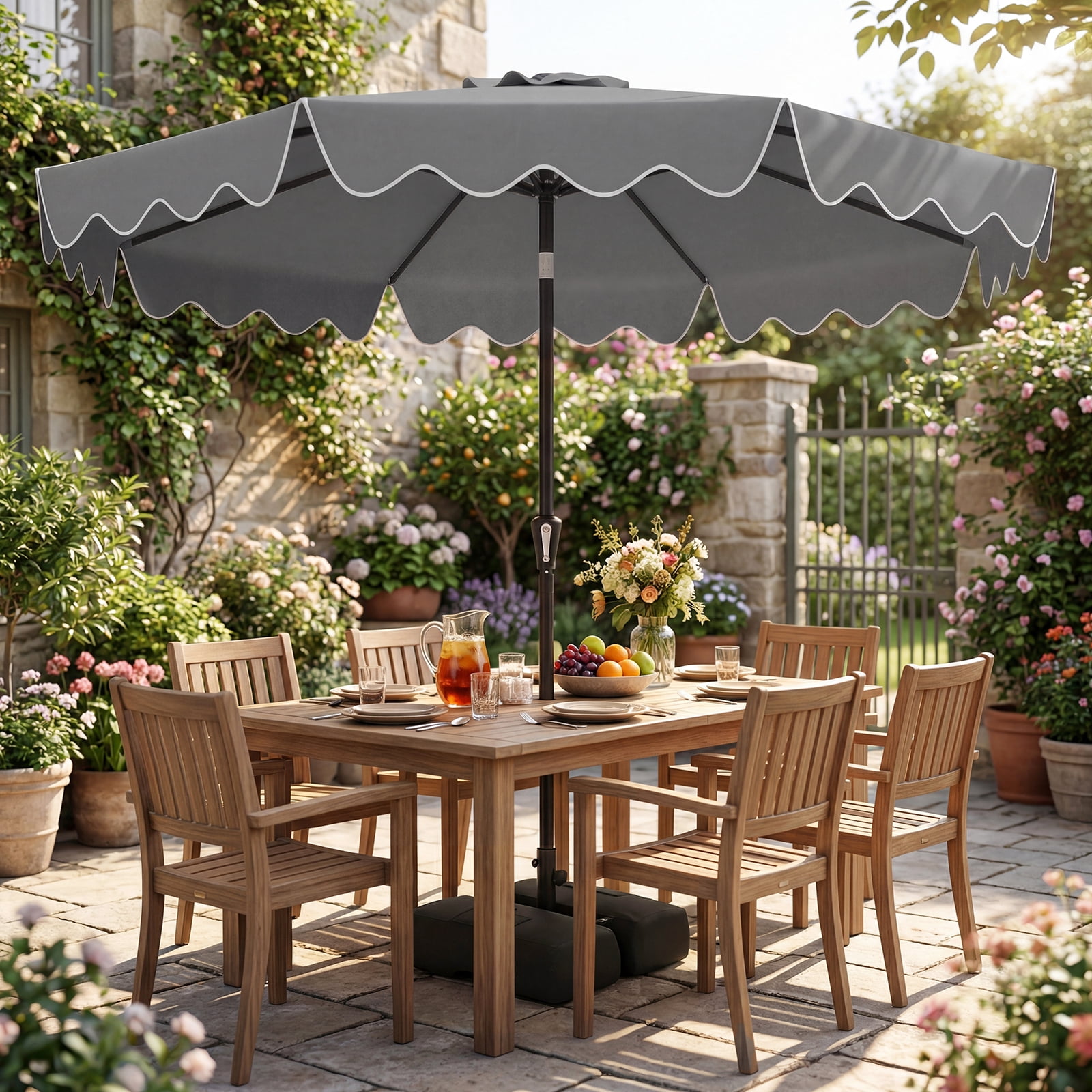 Costway 9 FT Patio Umbrella with Weighted Base Sandbags Push Button Tilt Crank Sturdy Ribs Gray