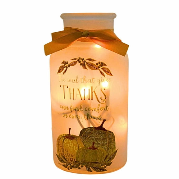 7.00in Beautiful Bounty Pre-Lit Sm Jar, Glass, Autumn Thanksgiving KLF2319 THANKS
