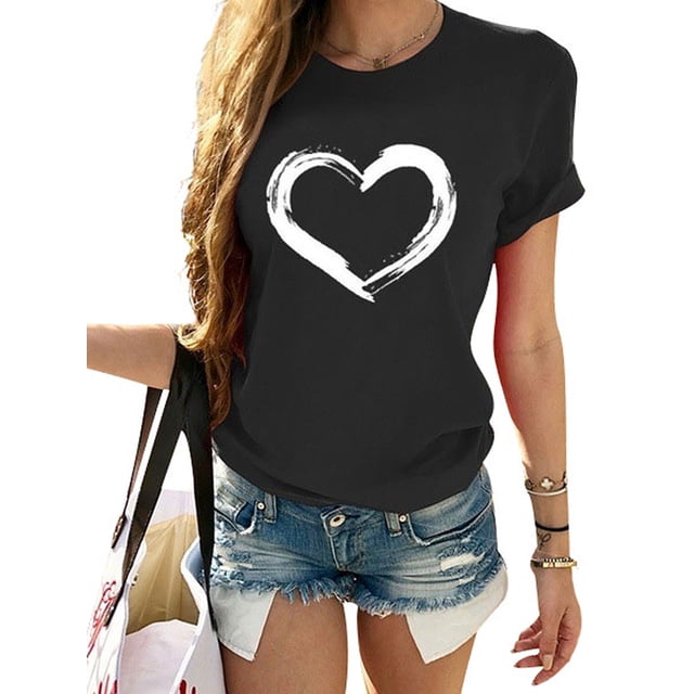 Innerwin T-shirt à Col Rond pour Femme T-shirt Tenue Quotidienne T-shirt Mode à Imprimé Cœur Noir G