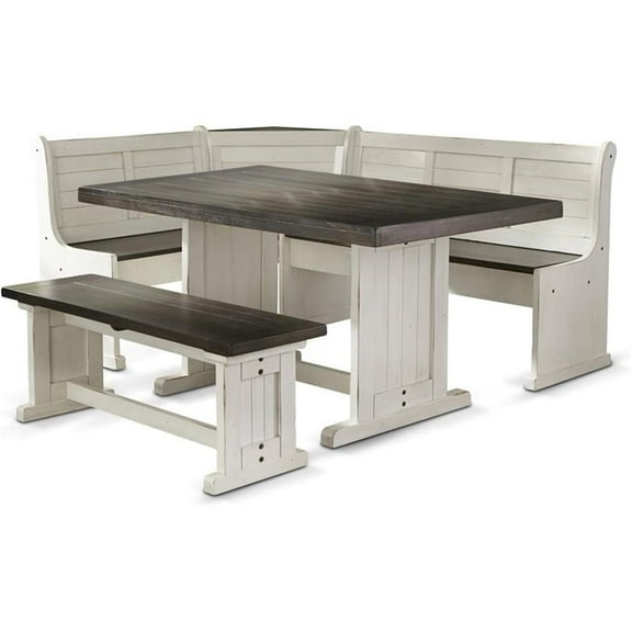 Pemberly Row Farmhouse Wood Breakfast Nook Set in Off White Dark Brown