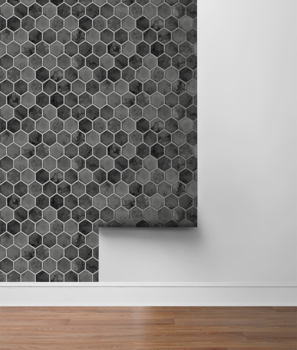 NextWall Cosmic Black & Metallic Silver Inlay Hexagon Peel and Stick Wallpaper