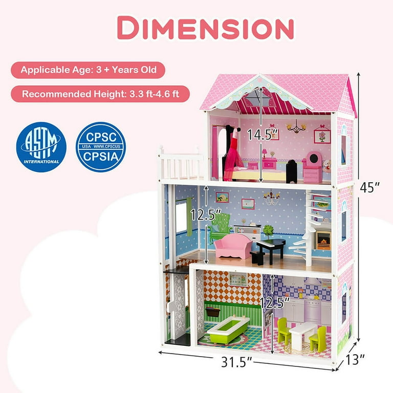 Gymax Kids Wooden Dollhouse with Working Elevator & Rotatable