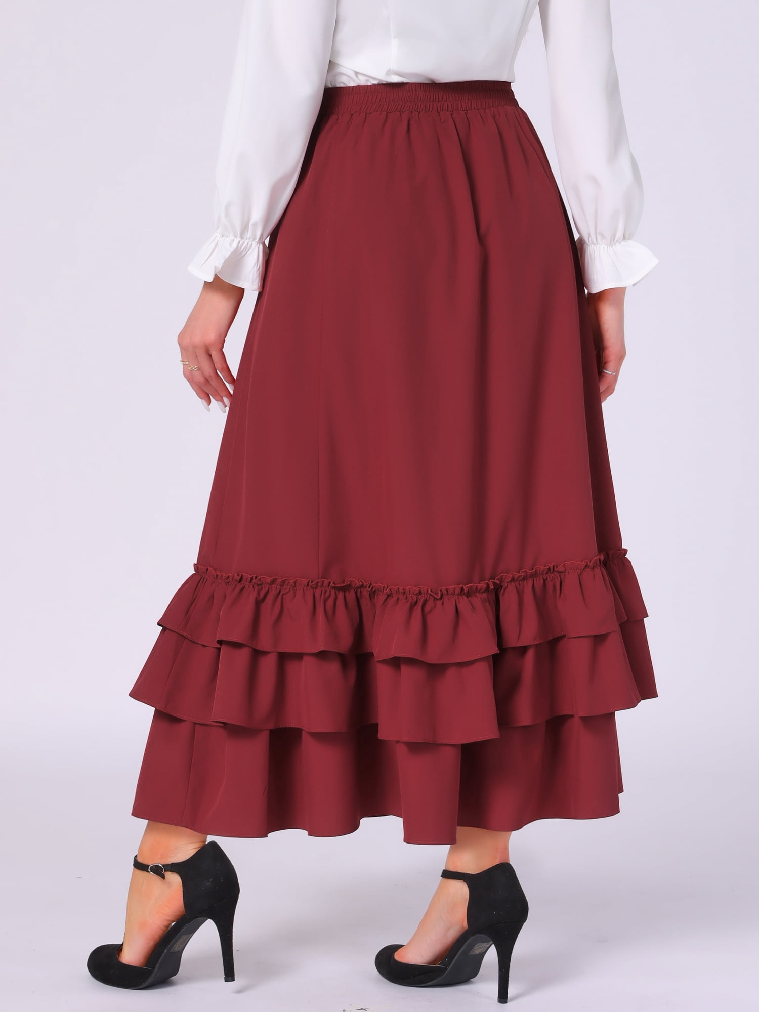 DARING DIVA Women's Vintage Gothic Victorian Steampunk Ruffle Layered Skirts XS Wine Red