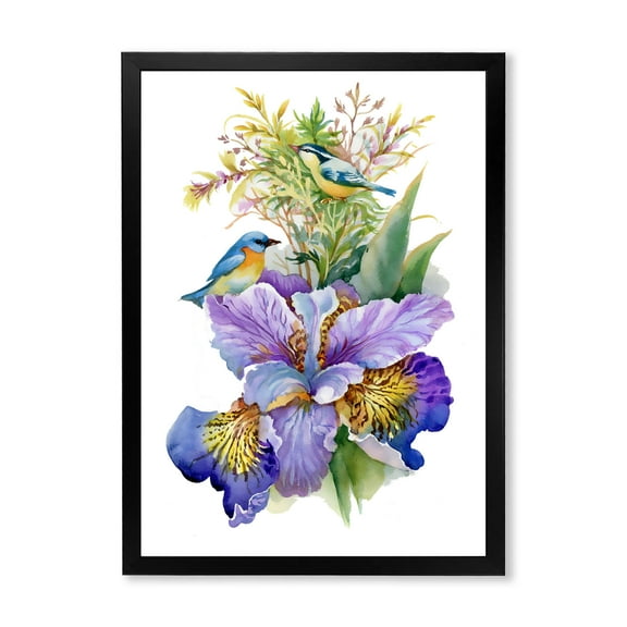 Designart 'Birds With Purple Iris' Traditional Framed Art Print