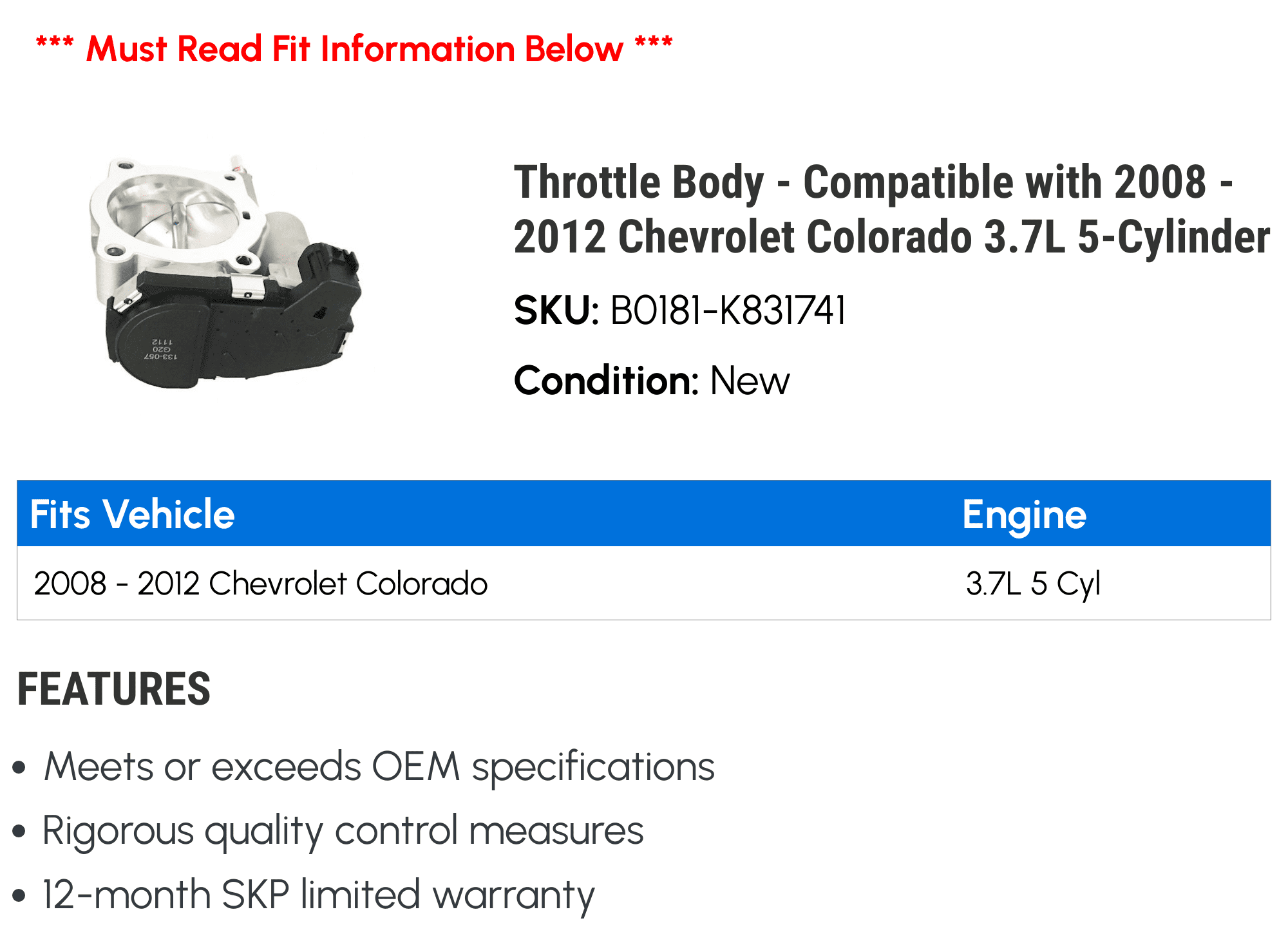 Throttle Body - Compatible with 2008 - 2012 Chevy Colorado 3.7L 5-Cylinder 2009 2010 2011