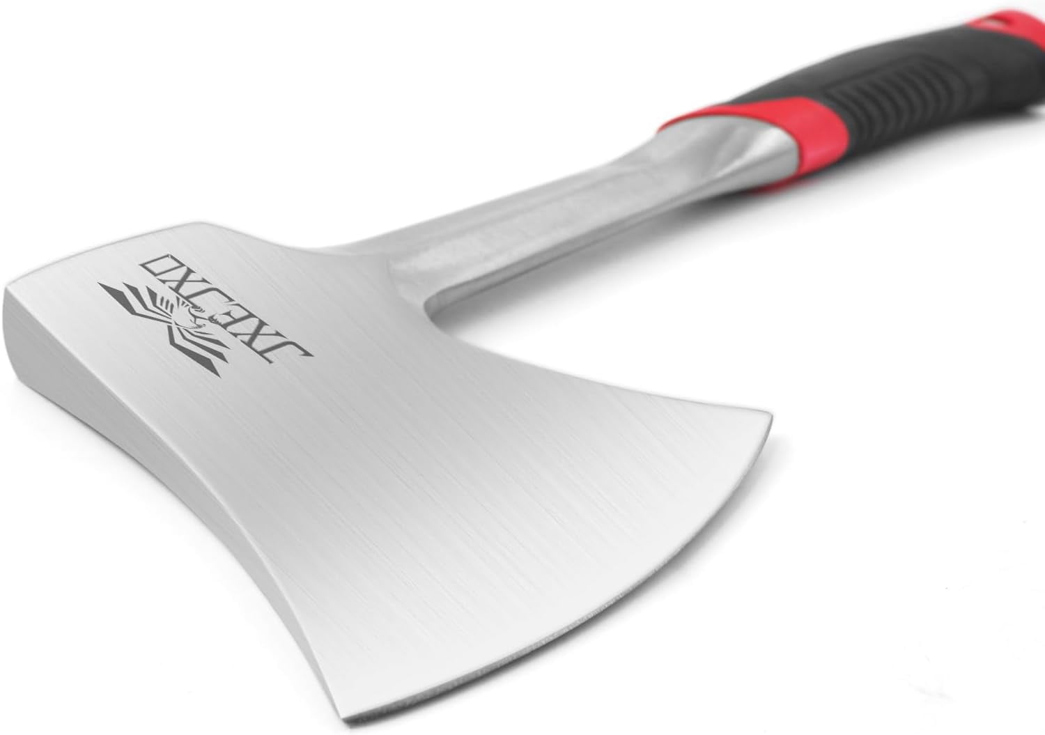 JXE JXO 14.4" Camping Hatchet with Full Tang Forged Steel Head and Shock-Absorbing Grip, Includes Durable Nylon Sheath, Red Handle