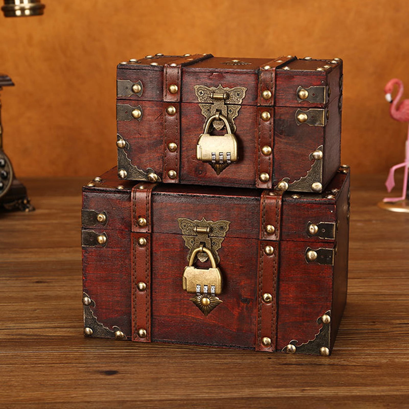 Retro Wooden Jewelry Treasure Chest Trinket Lock Storage Case 15.5x12x6cm 