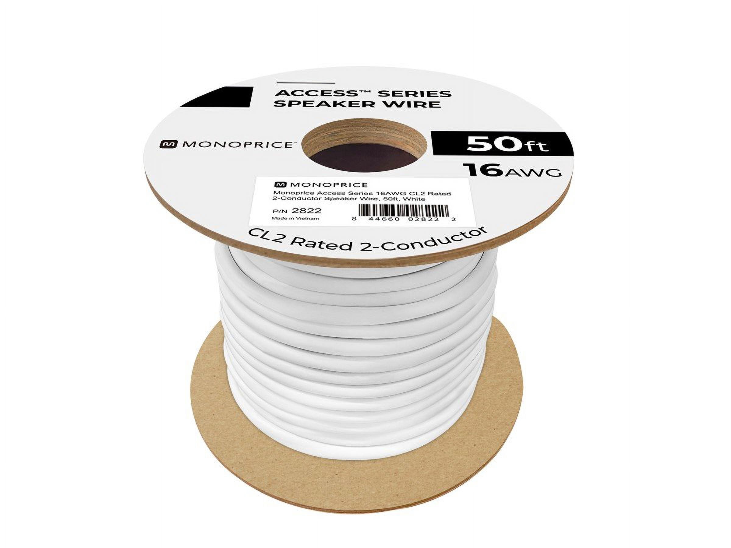 Monoprice Speaker Wire, CL2 Rated, 2-Conductor, 16AWG, 50ft, White