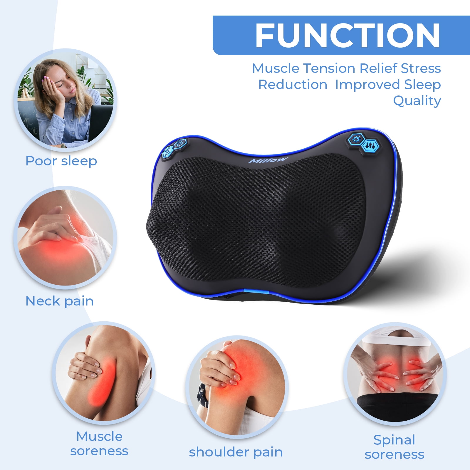 REATHLETE Millow Rectangular Neck Massager with Heat, Cordless Shiatsu Back Massage Pillow