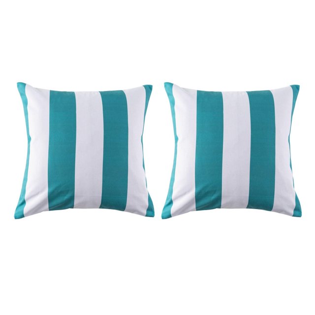 Set of two 18-inch outdoor square cushions featuring aqua and white vertical stripes for patio or garden seating.