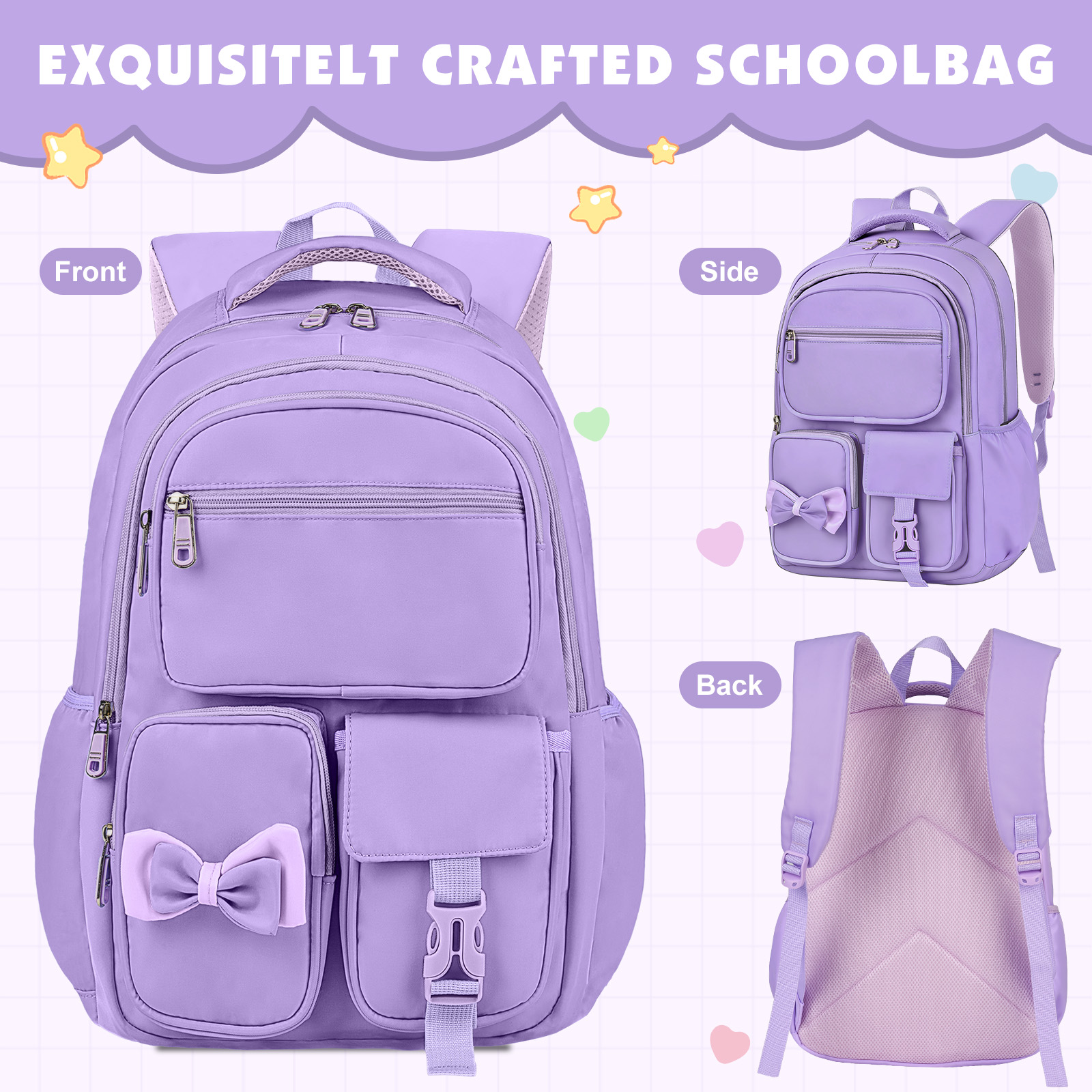 DAKIMOE Kids School Backpack with Bow, Purple photo 7
