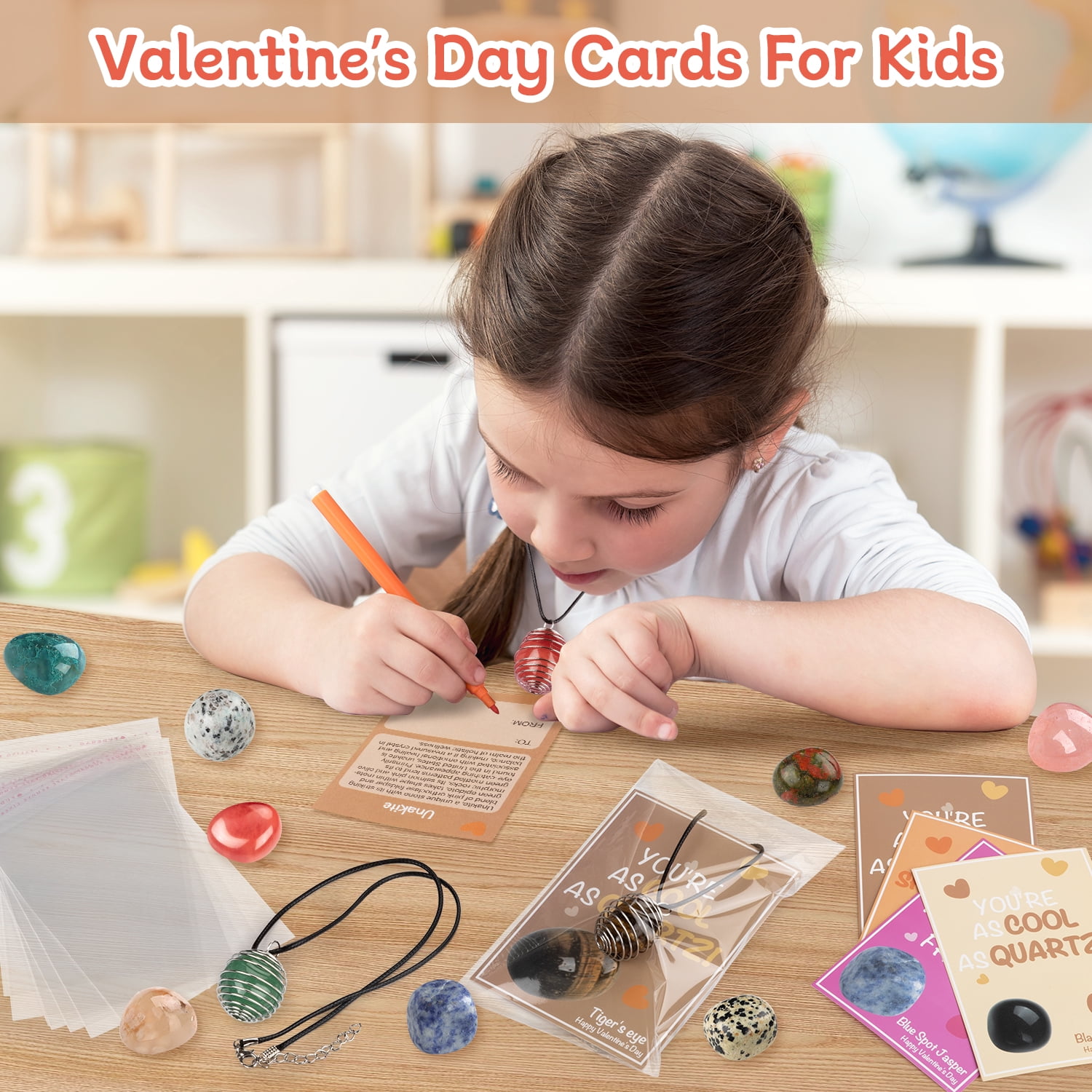 24 Sets Natural Gemstone Crystals Rocks Minerals Necklace Bulk, Exchange Card for Kids Girls Boys Class Classroom Party Favors