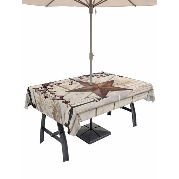 Outdoor Tablecloth with Umbrella Hole for Patio/Picnic/Party/Camping, Texas Star Vintage Waterproof Table Cloth Rectangle Table Cover Washable, Brown Retro Berry Beige Wooden (60"x 120")