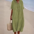 thumbnail image 3 of Vestido de mujer de algodón y lino de color liso con escote en V grande y moderno, 3 of 6