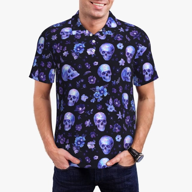 Fotbe Skull flower leaf purple Camiseta Polo de Golf para Hombre con Estampado – Camisa Deportiva Transpirable con Cuello Abotonado-Large
