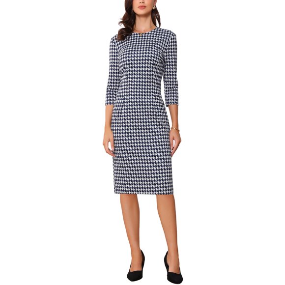 Vestido Houndstooth Inspire Chic para Mujer, de Manga 3/4, Elegante, Cintura Ceñida, Bodycon, Talla XL, Gris