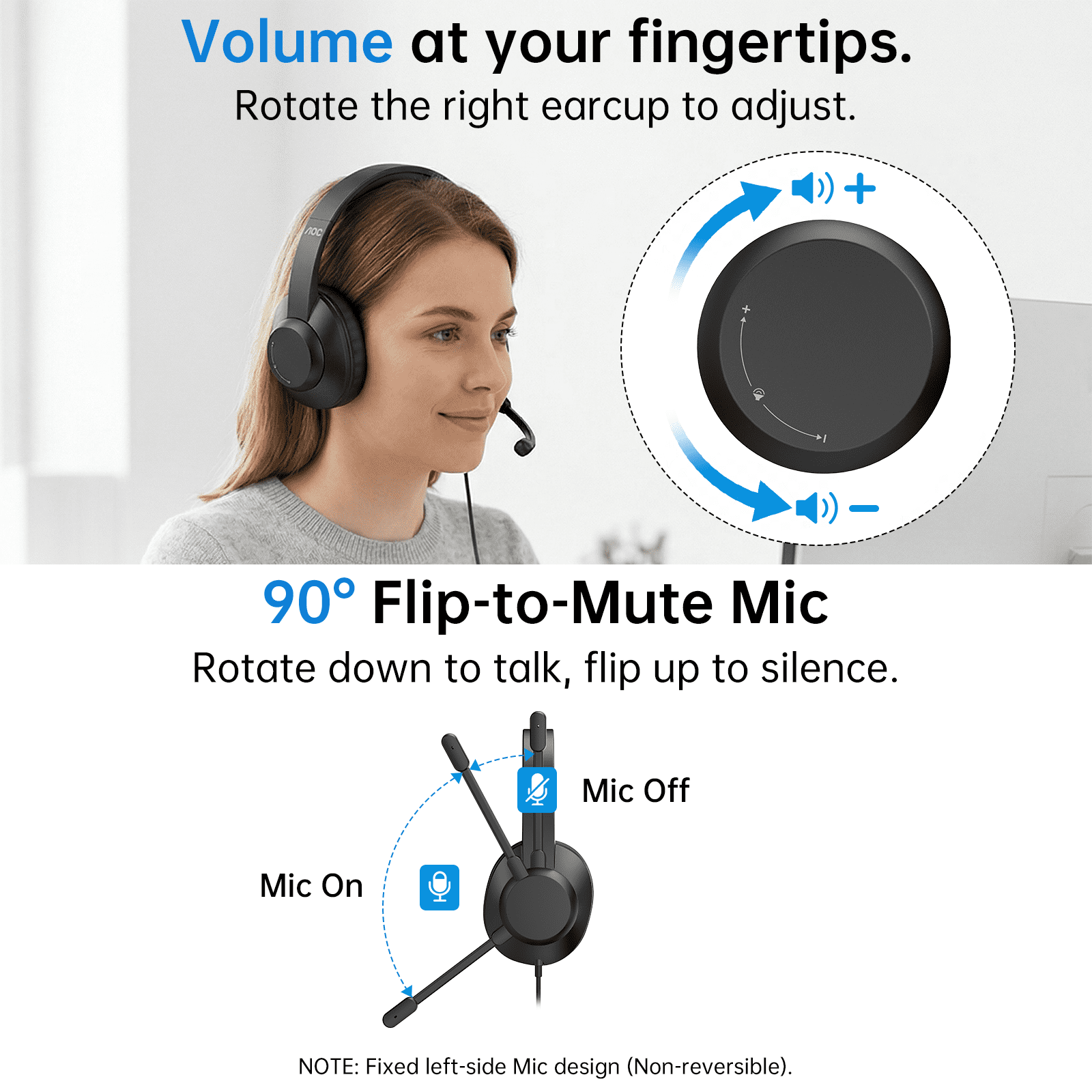 AOC USB Headset with Noise Cancelling Microphone for Work, Lightweight Wired Headphones, Noise-Cancelling Boom, 40mm Audio Drivers, USB-A/C for PC,Mac,Office,Call Centers,Online Meetings