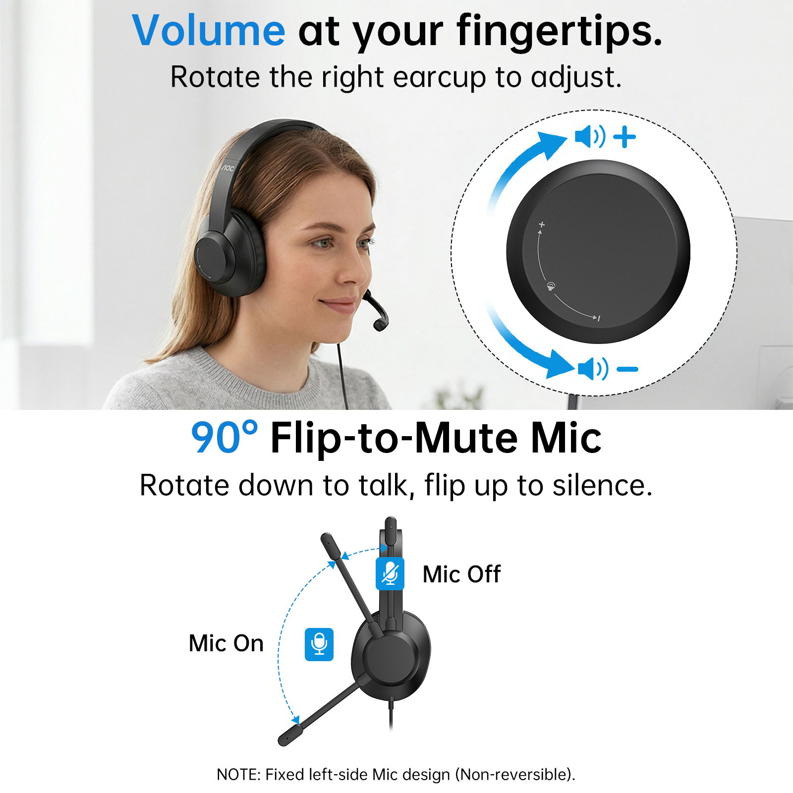 AOC USB Headset with Noise-Cancelling Mic for Work photo 3
