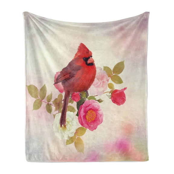Vintage Floral Soft Flannel Fleece Throw Blanket, Romantic Bird Northern Cardinal Sitting on Rose Bouquet, Cozy Plush for Indoor and Outdoor Use, 60" x 80", Blush Dark Coral and Khaki, by Ambesonne