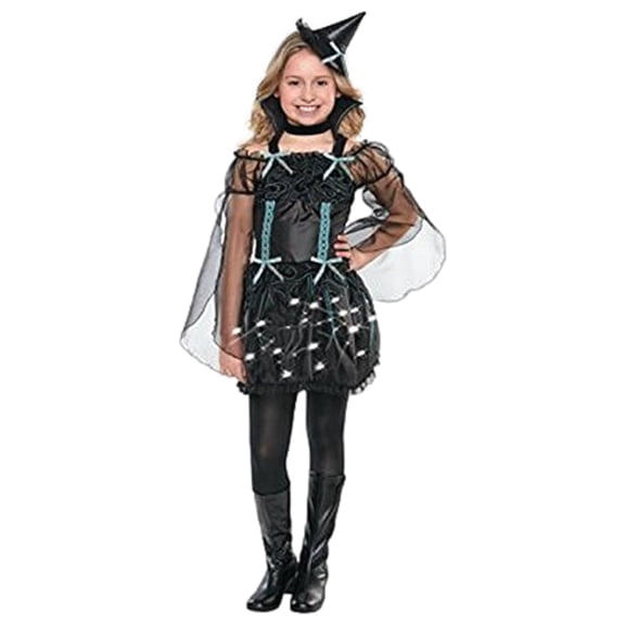 Halloween Girls Black Light Up Midnight Spell Witch Dress Costume M (7-8)