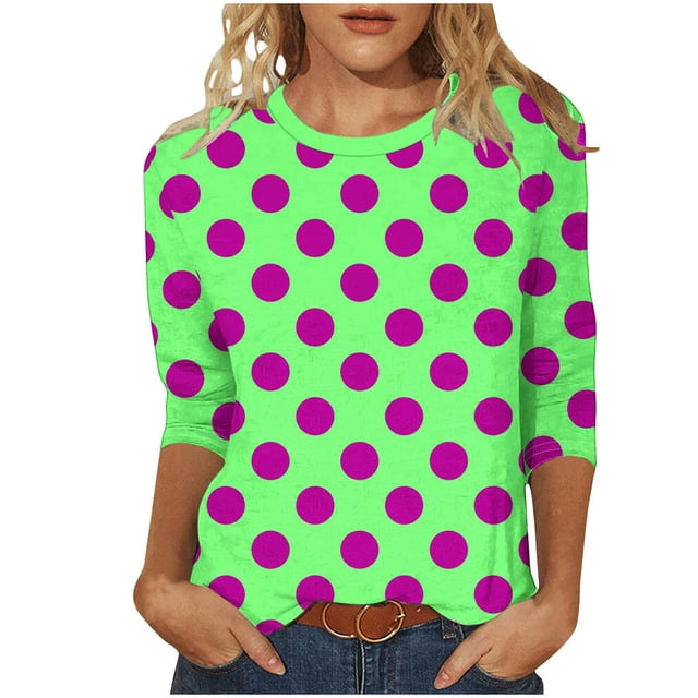 T-Shirts Grande Taille pour Femmes à Manches 3/4 à Pois, Col Ras du Cou, T-Shirts Graphiques de Base, Hauts d'Été Décontractés (4TG, Violet)