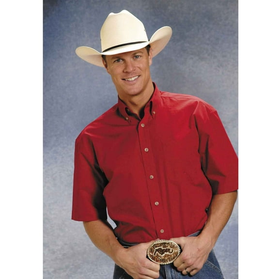 Roper Men's Short Sleeve Poplin Shirt Solid Poplin Button Down Collar L, 0366