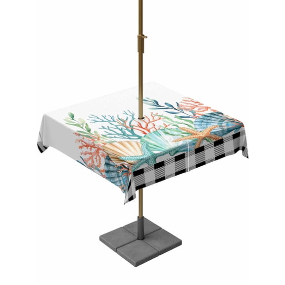 Coastal Corals Shells Outdoor Tablecloth - 60x60 Inch Square Dining Table Cover, Ocean Marine Life Sstarfish Black Plaid Waterproof Outdoor Table Cloth with Umbrella Hole & Zipper for Picnic/Patio