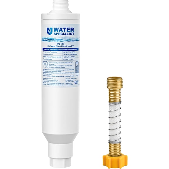 Waterspecialist RV Inline Water Filter, NSF Certified, Reduces Chlorine, Bad Taste and Odor, Rust, Corrosion, Sediments, and Turbidity, Dedicated for RVs, 1 Pack Water Filter with Hose Protector