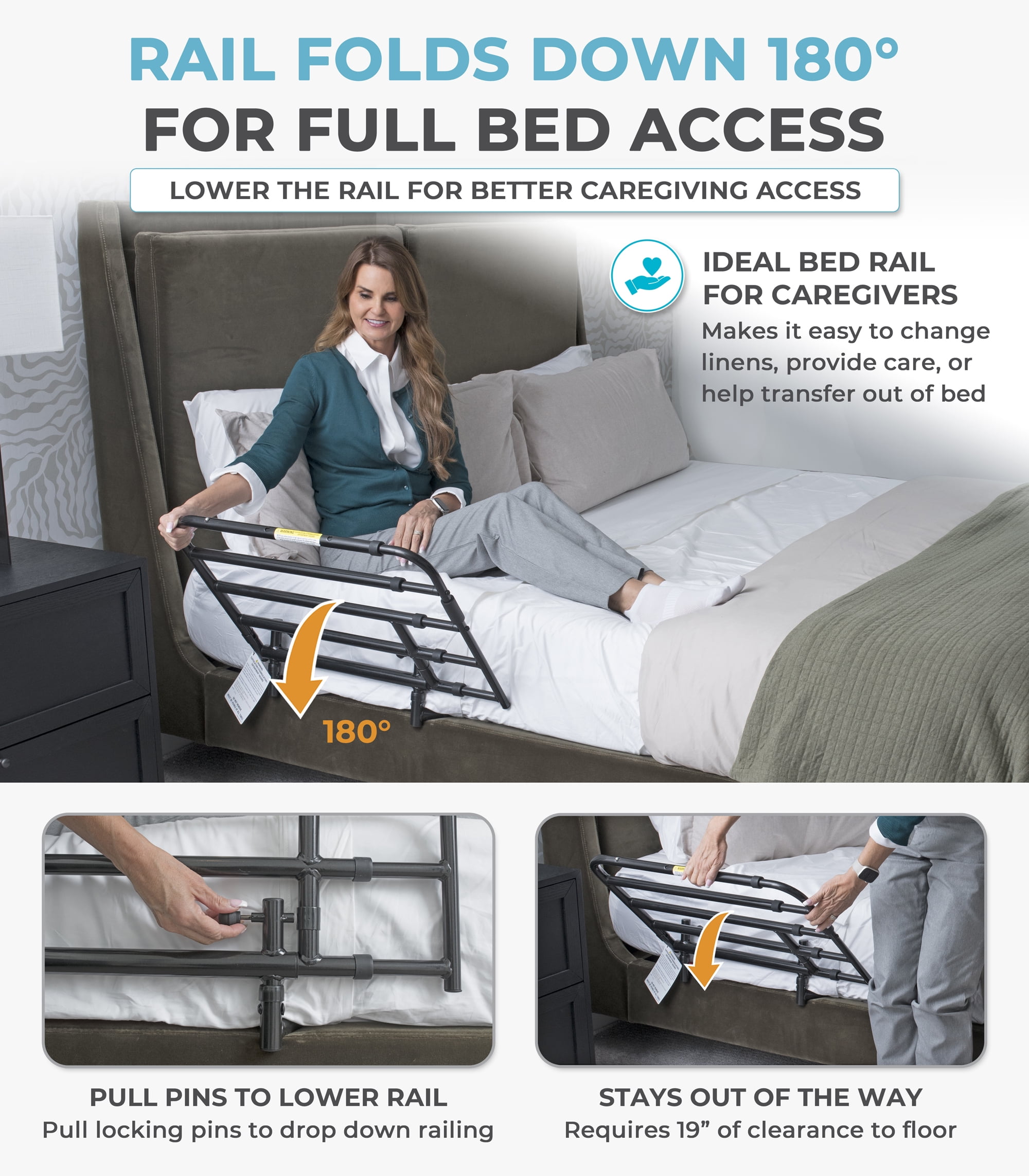 Stander Wonder Pivot Bed Rail Tall, Adjustable Safety Assist Railing with Swing Down Guardrail for Elderly Adults, Fits Taller Mattresses 8 to 16 Inches Thick, ASTM Safety Approved Bedrail, Black
