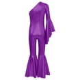 thumbnail image 4 of IEFIEL Girls Shiny Metallic Bell-Bottom Dance Jumpsuit One Shoulder Side Zipper Bodysuit Carnival Performance Costume A Purple 6, 4 of 7