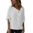 thumbnail image 5 of Olyvenn Women Cotton Linen Tops Causal Summer Shirts Rolled Sleeve Asymmetrical Neck T Shirts Solid Loose Blouses for Daily White L, 5 of 9