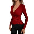 thumbnail image 4 of ZZwxWA Womens Summer Tops 2025 Women's Spring and Summer Button Wrap Pleated Blouse Elegant Style Oversize Tunic V-Neck Solid Casual Tops Long Sleeve T-shirts Wine L, 4 of 4
