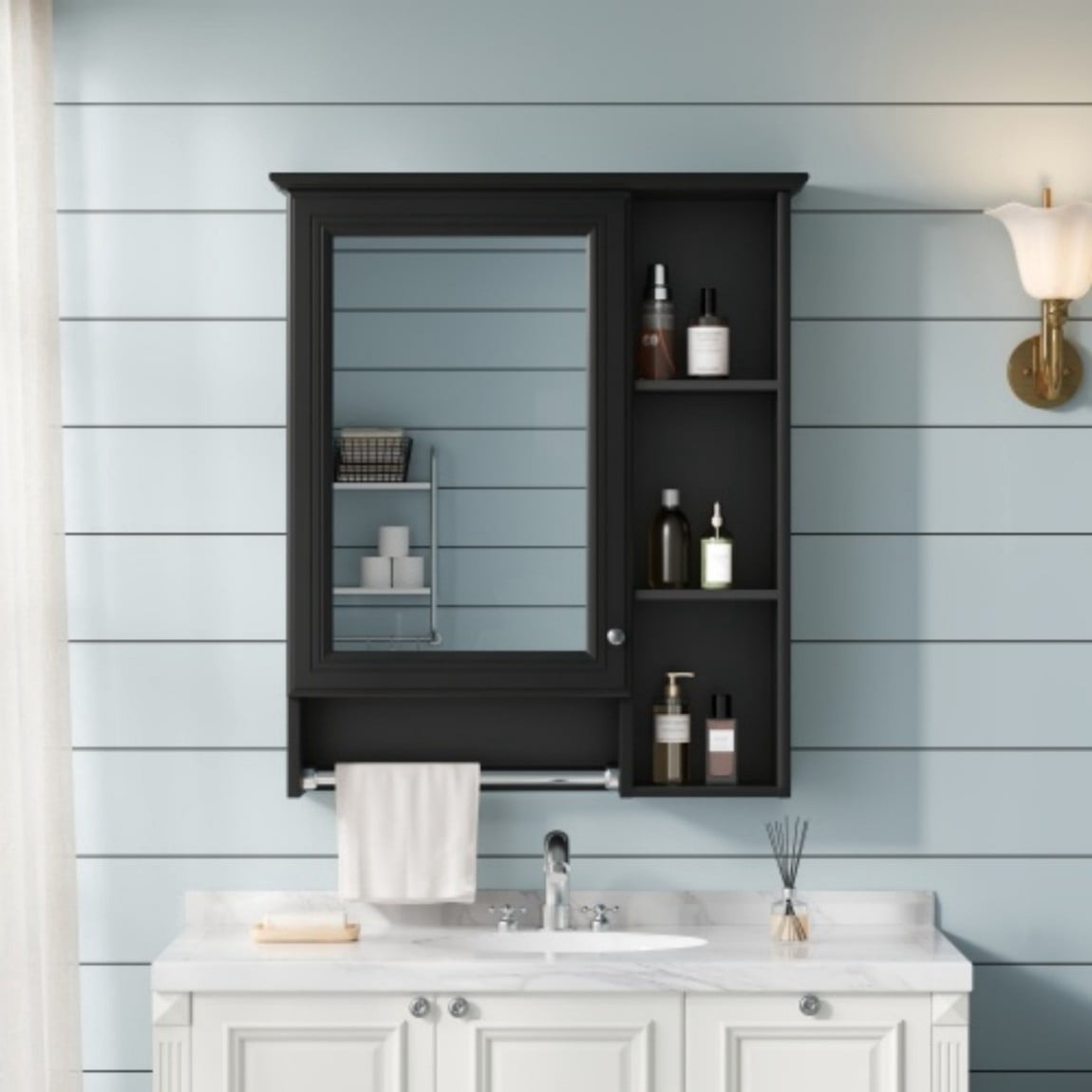 24" Wall Mounted Medicine Cabinet with Mirror, Bathroom Storage Cabinet with Adjustable Shelf, Soft Close Door & Towel Bar, Modern Over Toilet Organizer, Black