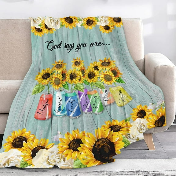 Religious Blanket Soft Plush Bible Verse Blanket with Inspirational Thoughts and Prayers Christian Gifts Women Men God Says Sunflower Flannel Blanket 50x40 Inch