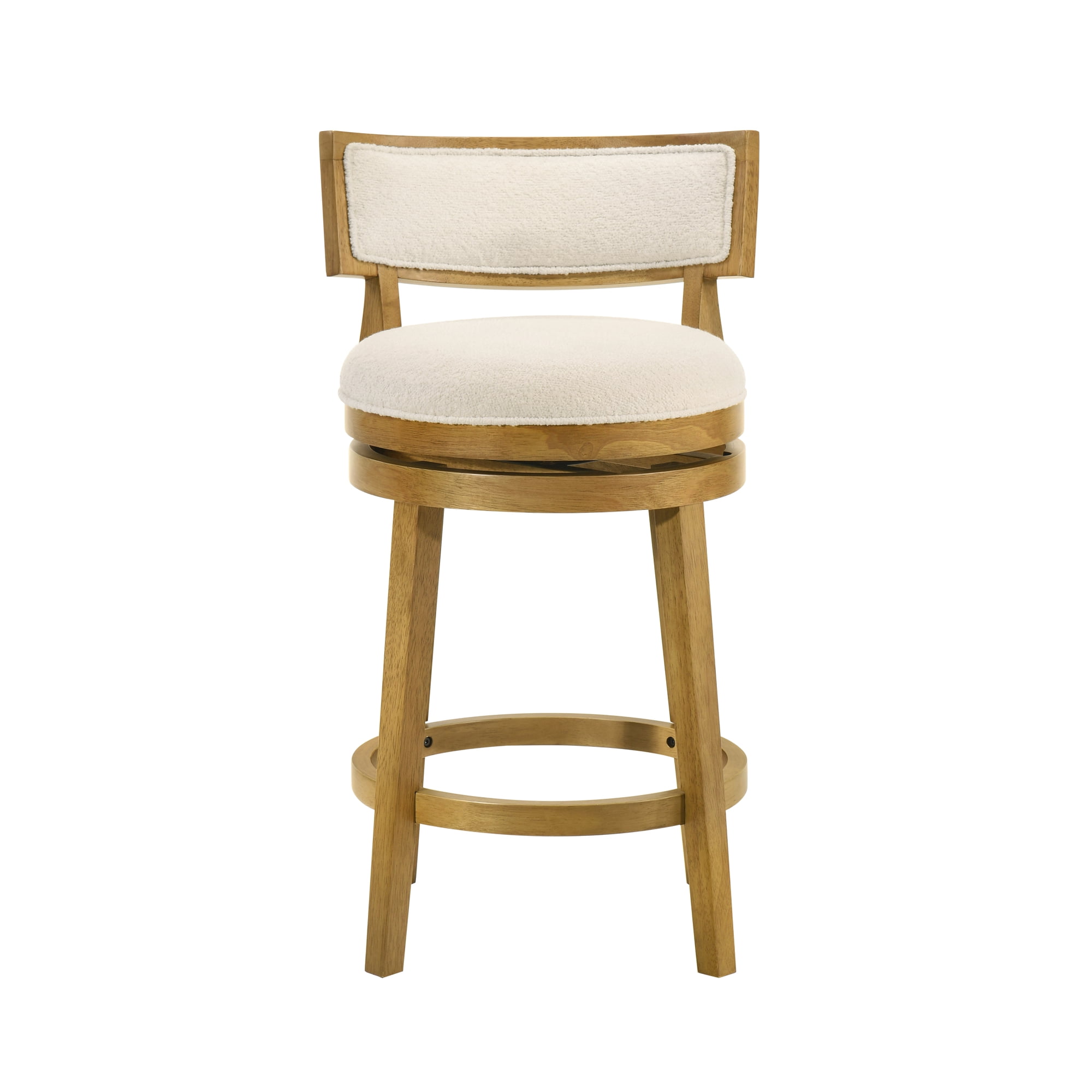 Noely Modern Farmhouse Swivel Wood Counter Height Kitchen Bar Stool in Amber Glow Finish with White Boucle Fabric Upholstered Seat - Set of 4