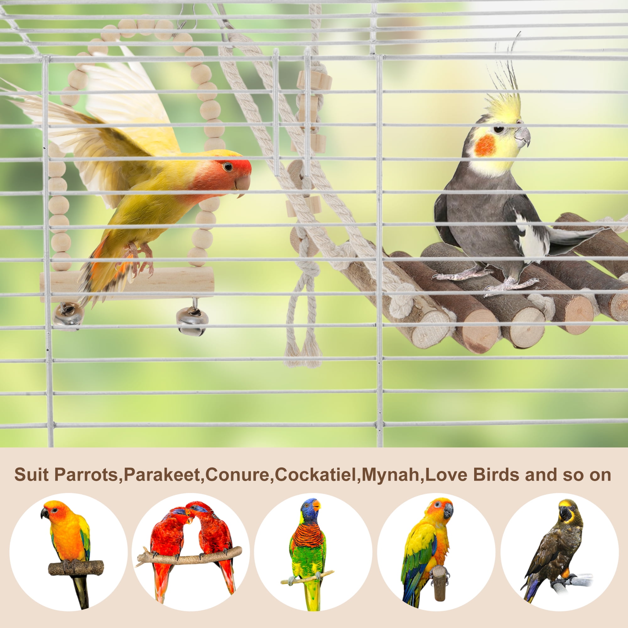 Unique Bargains 9pcs Cockatiel Toys Interactive Bird Toy Parrot Toys Parrots Chewing Wood and Rope Bird Cage Accessories for Parakeets Cockatiel Wood Color