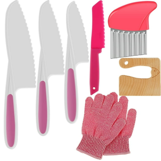 8Pcs Kid Safe Knives with Wooden Cutter Potato Crinkle Cutter Gloves Kitchen Cutter Set for Cutting Fruit Vegetable Dessert