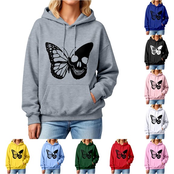 RUTAYY Women's Hoodies Butterfly Print Casual Loose Fit Long Sleeve with Drawstring Pockets Pullover Streetwear Autumn Outerwear Hooded Sweatshirt Grey
