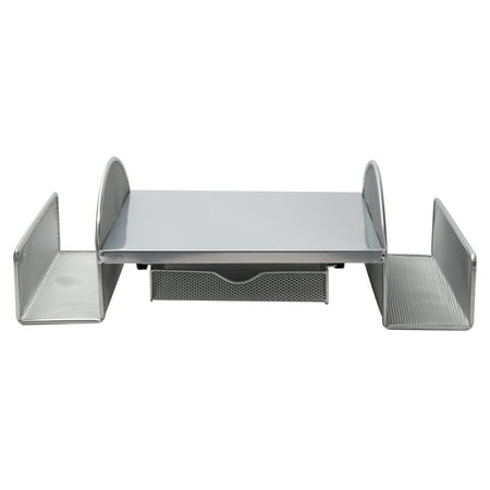 Mind Reader - Mesh Monitor Stand, Wire Screen Riser with Side Storage File Pockets - Silver